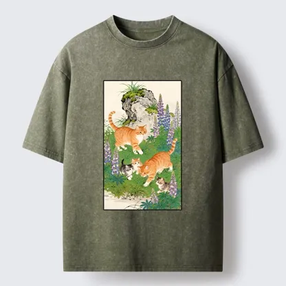 Tokyo-Tiger Tabby Cats In Garden Meme Washed T-Shirt