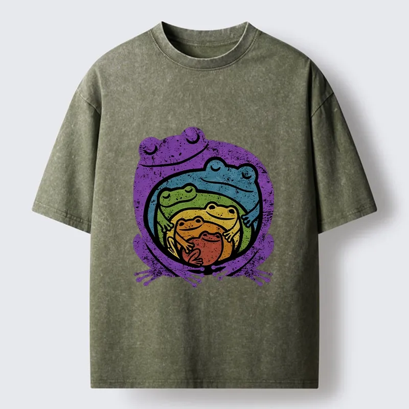 Tokyo-Tiger Rainbow Frogs Hugging Washed T-Shirt