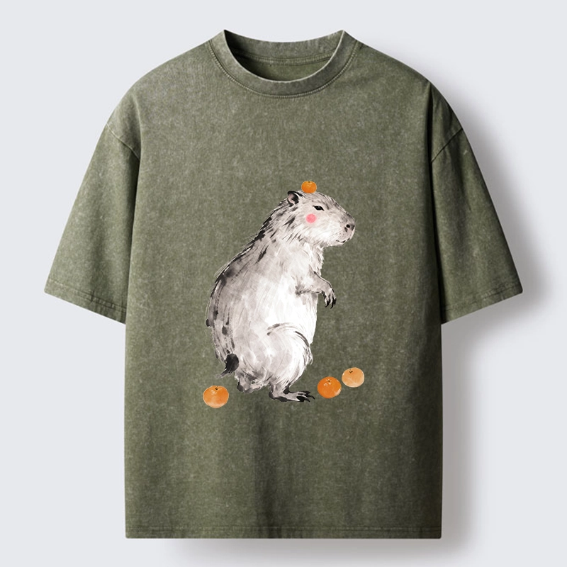 Tokyo-Tiger Orange On Capybara Funny Washed T-Shirt