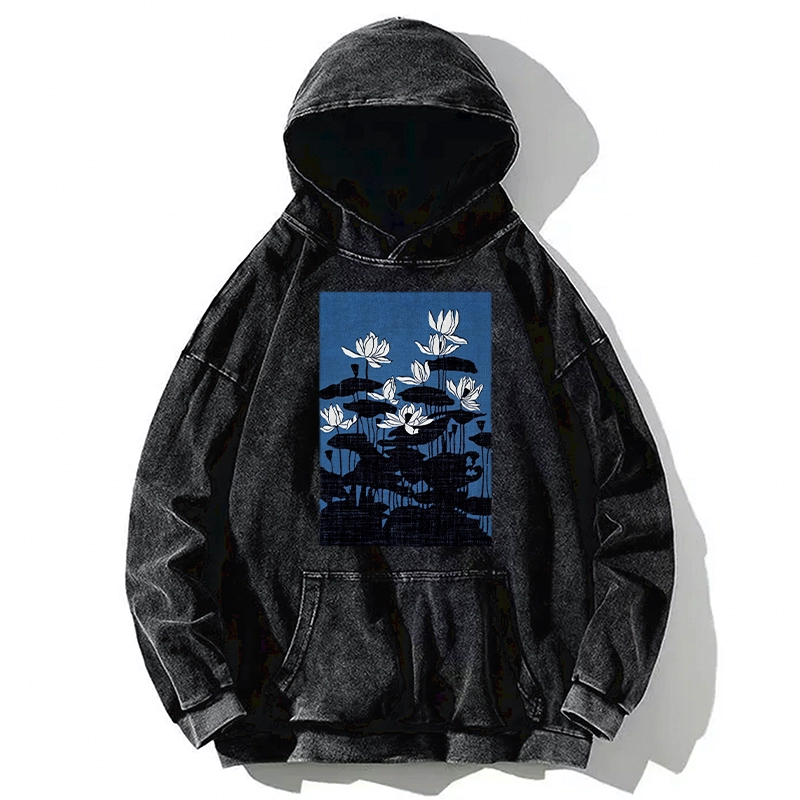 Tokyo-Tiger Blue Lotus Japanese Art Washed Hoodie