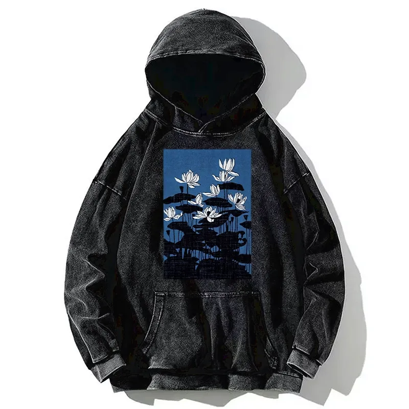 Tokyo-Tiger Blue Lotus Japanese Art Washed Hoodie
