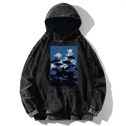 Tokyo-Tiger Blue Lotus Japanese Art Washed Hoodie