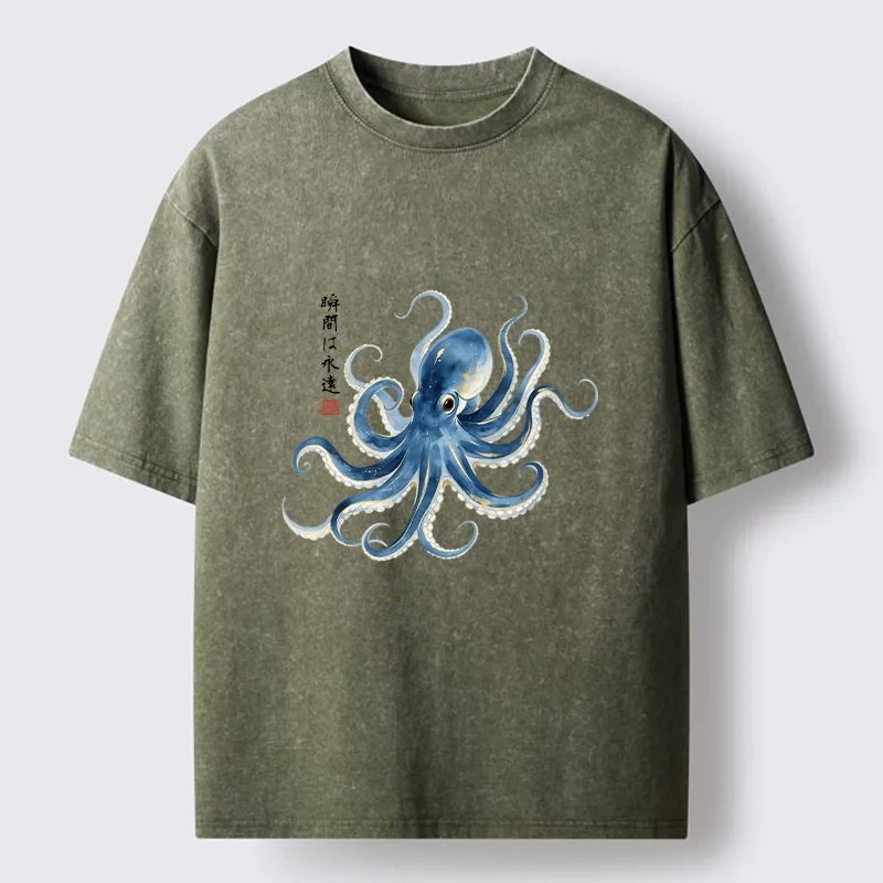 Tokyo-Tiger Stylish Blue Octopus Japanese Washed T-Shirt