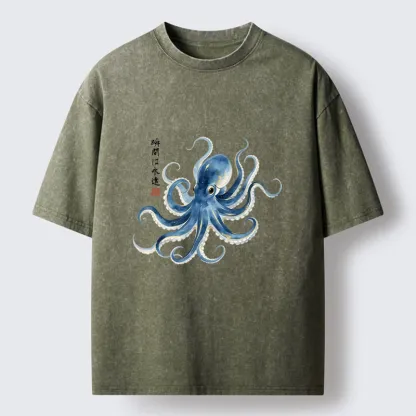 Tokyo-Tiger Stylish Blue Octopus Japanese Washed T-Shirt