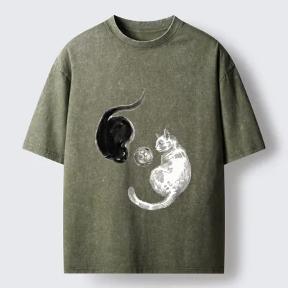 Tokyo-Tiger Cool Yin Yang Cat Art Washed T-Shirt