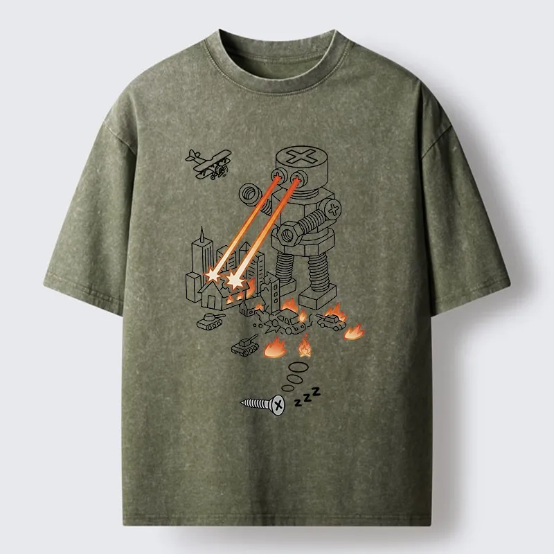 Tokyo-Tiger Funny Screw Robot Destroying City Washed T-Shirt
