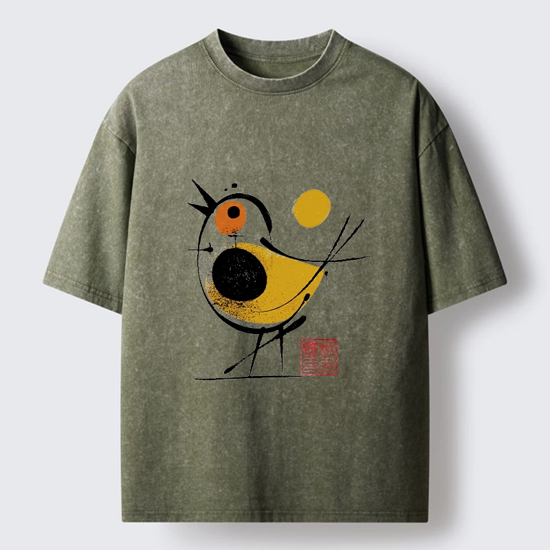 Tokyo-Tiger Aesthetic Yellow And Black Bird Washed T-Shirt