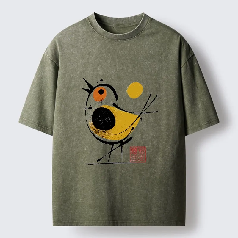 Tokyo-Tiger Aesthetic Yellow And Black Bird Washed T-Shirt