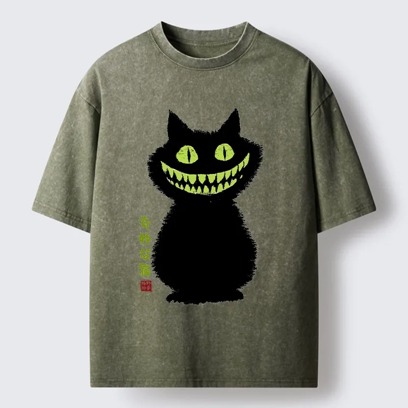Tokyo-Tiger Spooky Black Cat With Green Teeth Washed T-Shirt