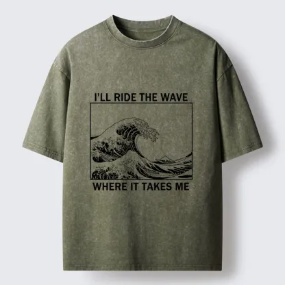 Tokyo-Tiger Stylish Black And White Wave Art Washed T-Shirt