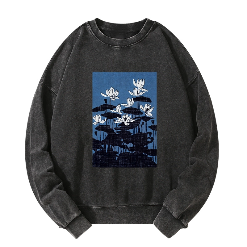 Tokyo-Tiger Blue Lotus Japanese Art Washed Sweatshirt