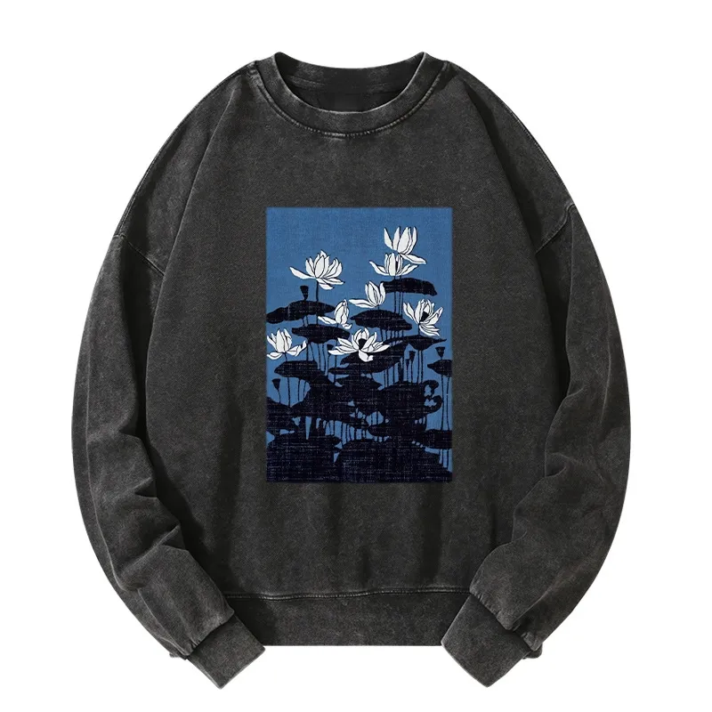 Tokyo-Tiger Blue Lotus Japanese Art Washed Sweatshirt