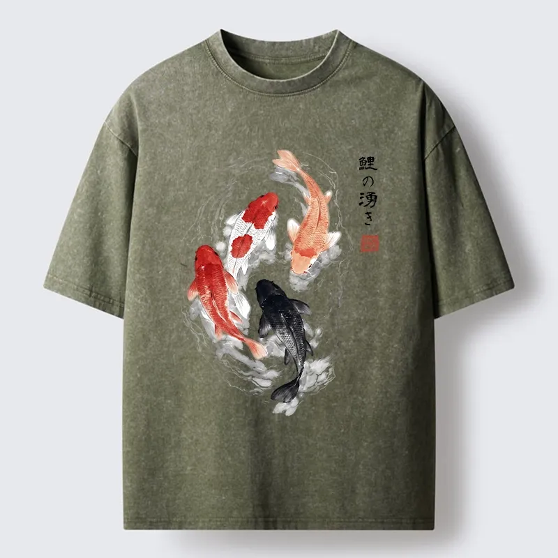 Tokyo-Tiger Koi Fish Flow In Traditional Ink Style Washed T-Shirt