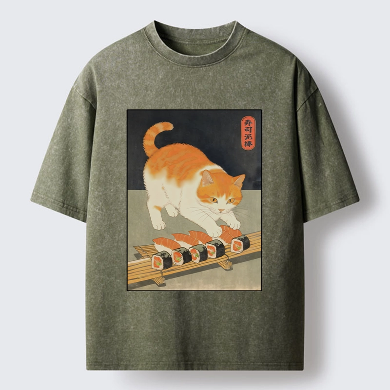 Tokyo-Tiger Cat Trying To Steal Sushi Washed T-Shirt