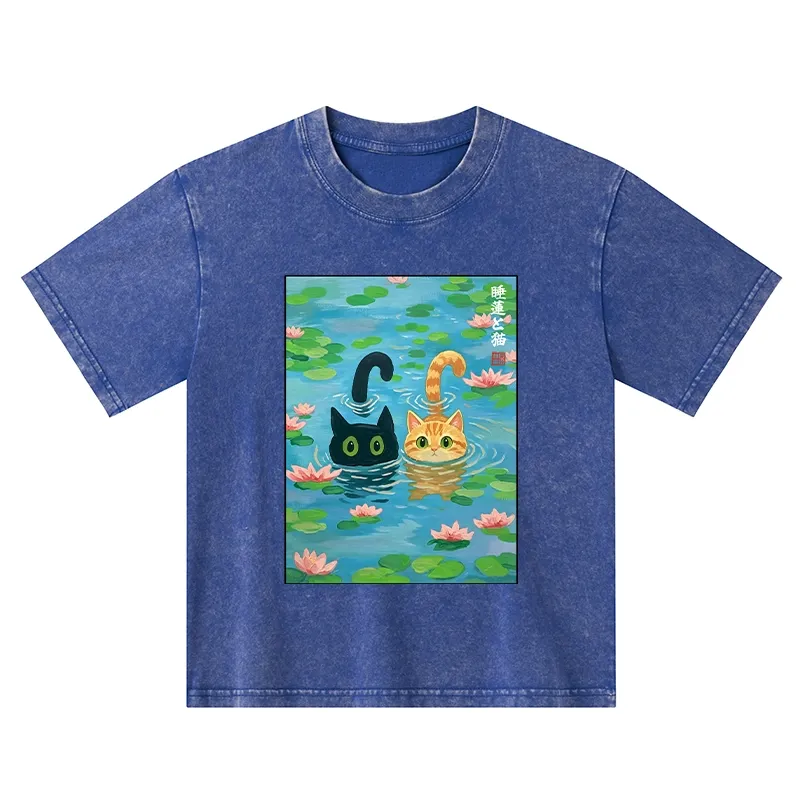 Tokyo-Tiger Cats In The Lotus Pond Kids Washed T-Shirt