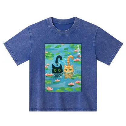 Tokyo-Tiger Cats In The Lotus Pond Kids Washed T-Shirt