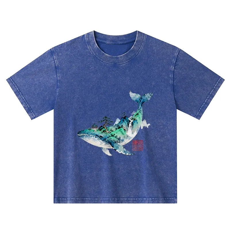 Tokyo-Tiger Whale Ink Painting Landscape Kids Washed T-Shirt