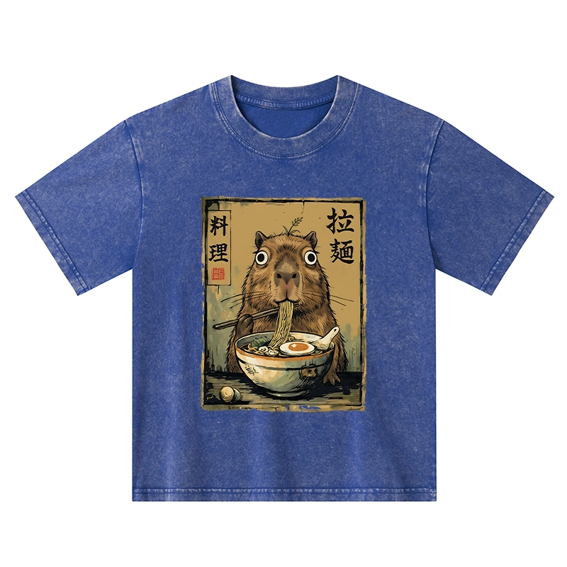Tokyo-Tiger Cute Capybara Eating Ramen Kids Washed T-Shirt