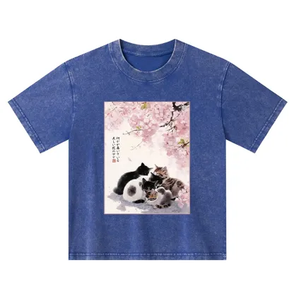 Tokyo-Tiger Cute Cats Sakura Garden Kids Washed T-Shirt