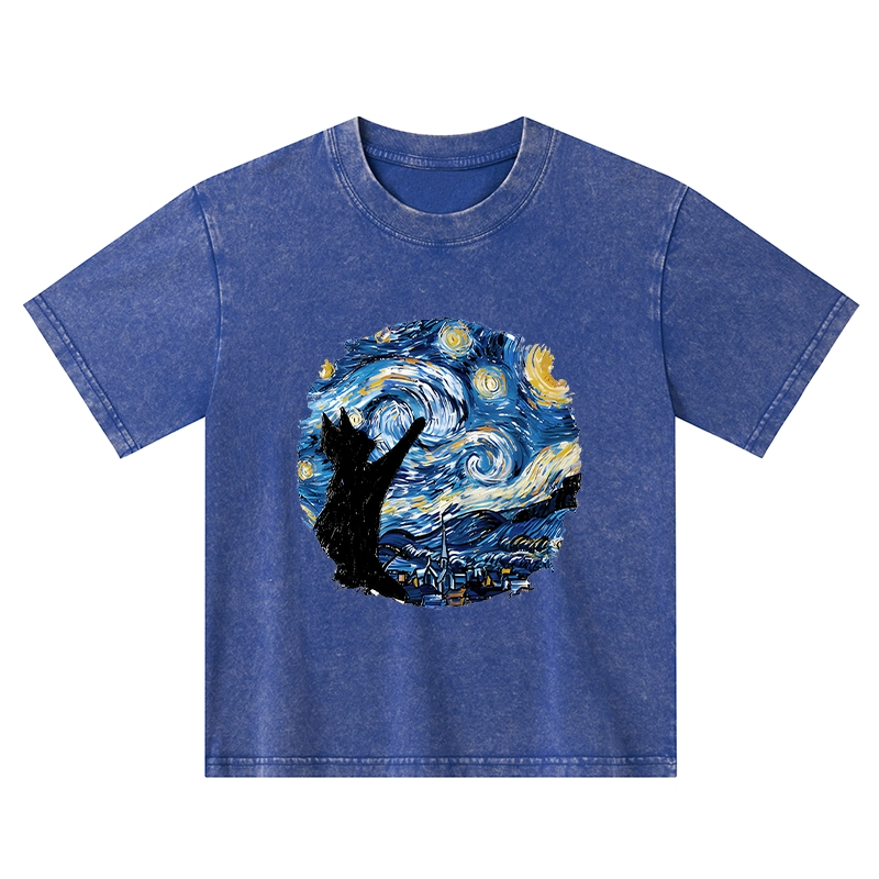 Tokyo-Tiger Starry Night Black Cat Kids Washed T-Shirt