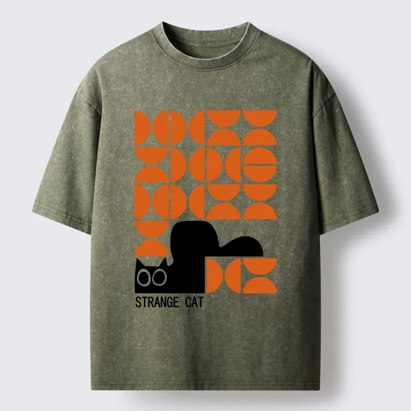 Tokyo-Tiger Black Cat Geometric Pattern Washed T-Shirt