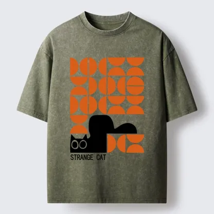 Tokyo-Tiger Black Cat Geometric Pattern Washed T-Shirt