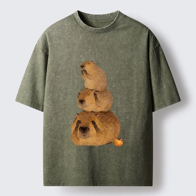 Tokyo-Tiger Capybara Hear No Evil Meme Washed T-Shirt