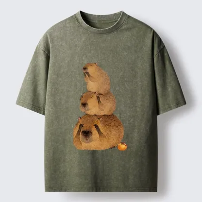 Tokyo-Tiger Capybara Hear No Evil Meme Washed T-Shirt