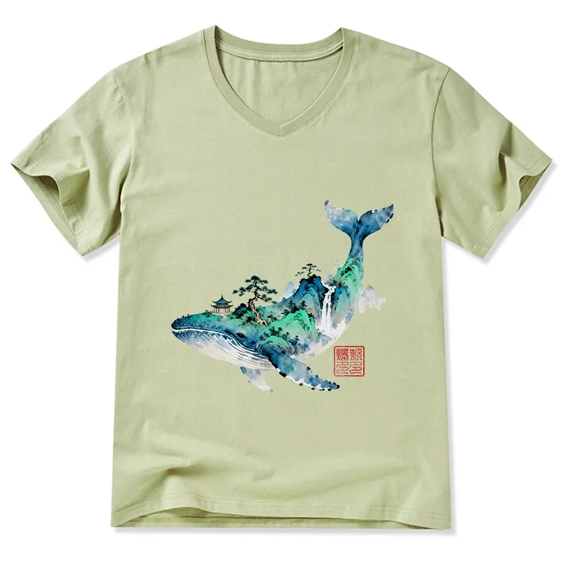 Tokyo-Tiger Whale Ink Painting Landscape V-Neck Classic T-Shirt