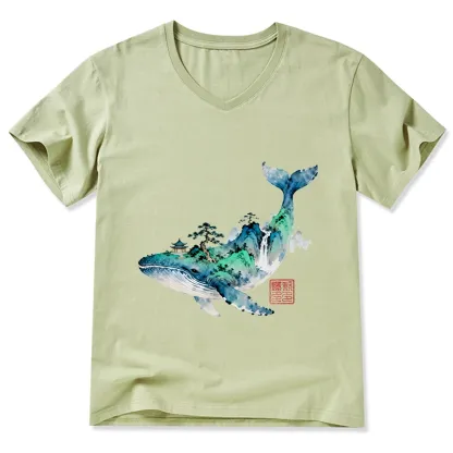 Tokyo-Tiger Whale Ink Painting Landscape V-Neck Classic T-Shirt