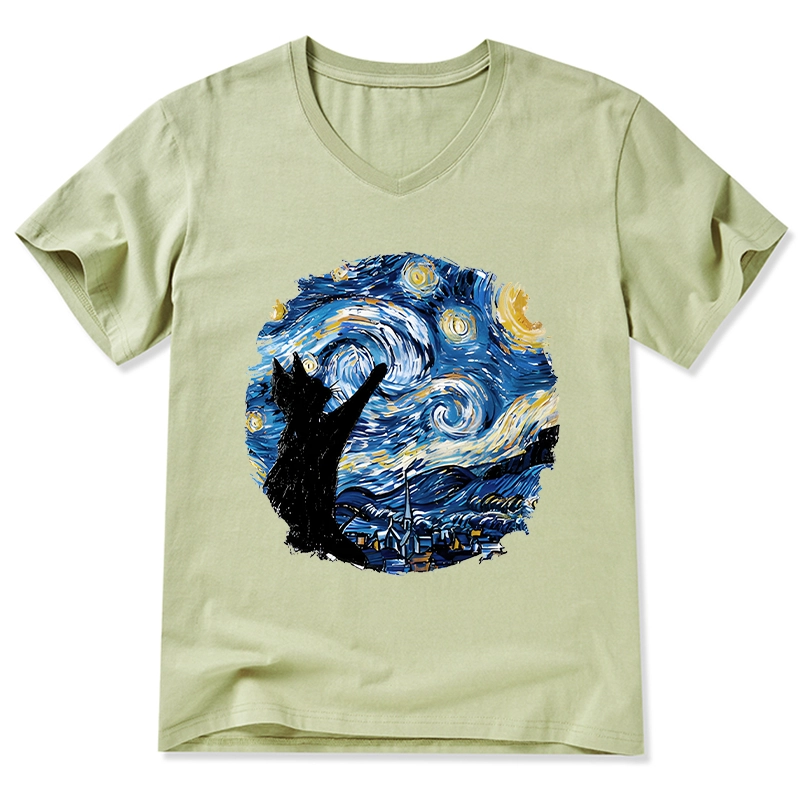 Tokyo-Tiger Starry Night Black Cat V-Neck Classic T-Shirt