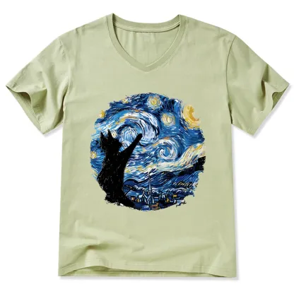 Tokyo-Tiger Starry Night Black Cat V-Neck Classic T-Shirt