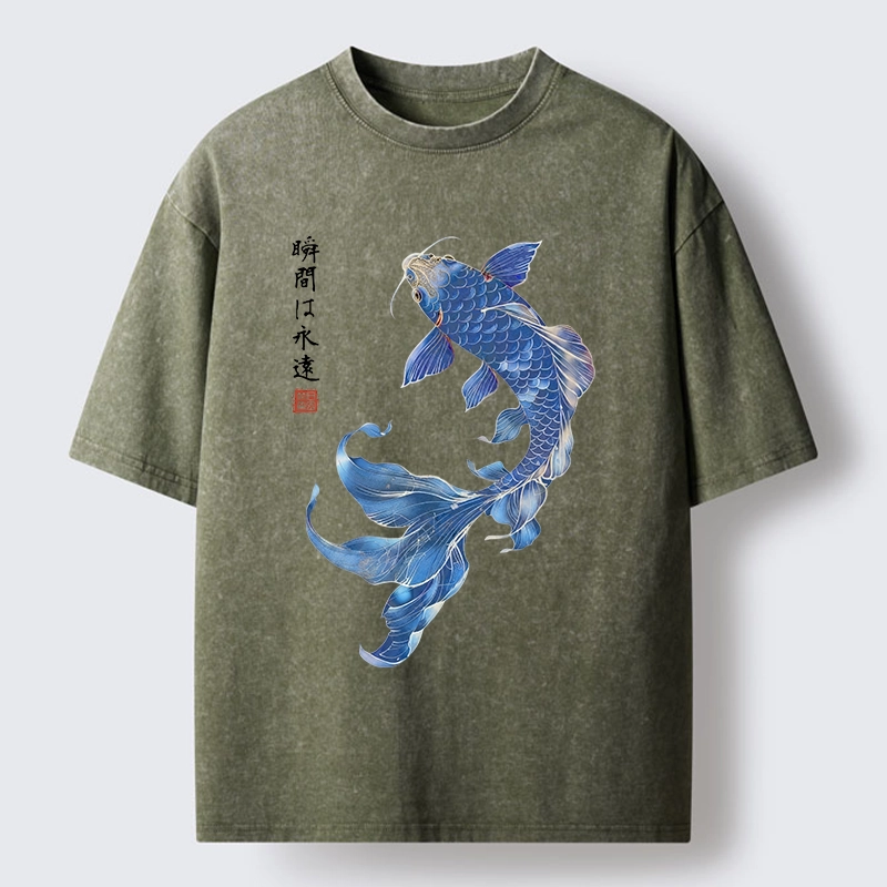 Tokyo-Tiger Lucky Blue Koi Fish Art Washed T-Shirt