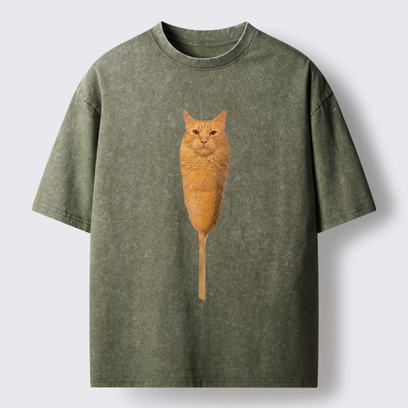 Tokyo-Tiger Orange Cat Corn Dog Meme Washed T-Shirt