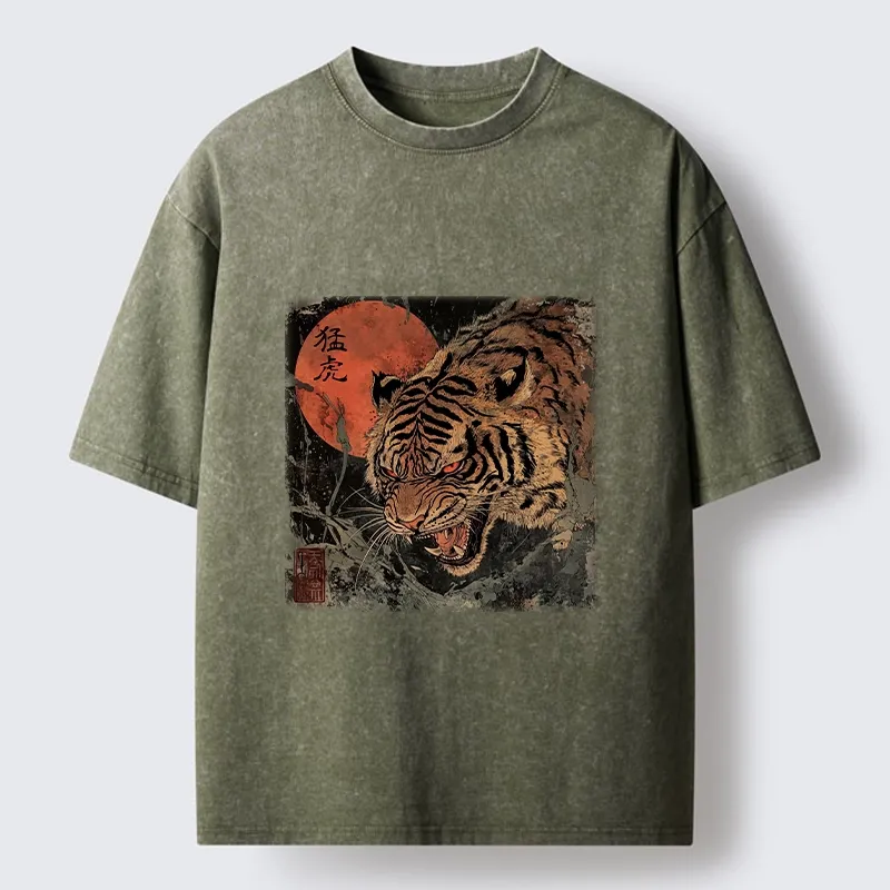 Tokyo-Tiger Fierce Tiger Red Moon Art Washed T-Shirt Sale