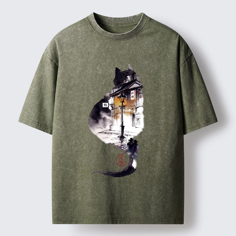 Tokyo-Tiger Black Cat Night Street Silhouette Washed T-Shirt