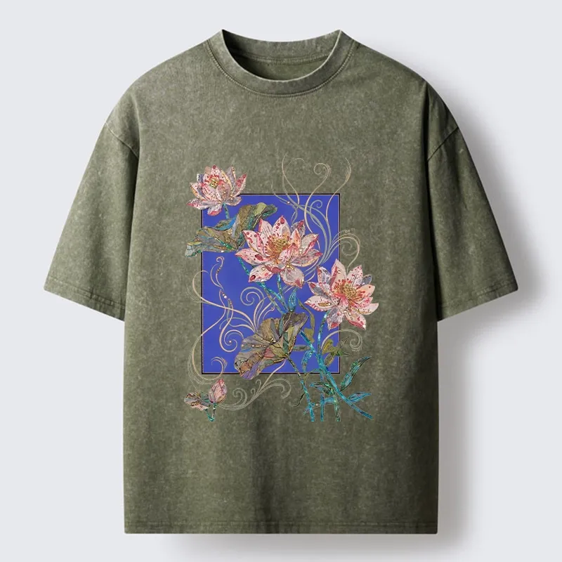 Tokyo-Tiger Lotus Art Floral Vibe Washed T-Shirt