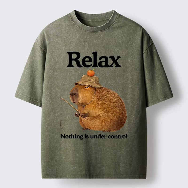 Tokyo-Tiger Capybara Fishing Funny Meme Washed T-Shirt