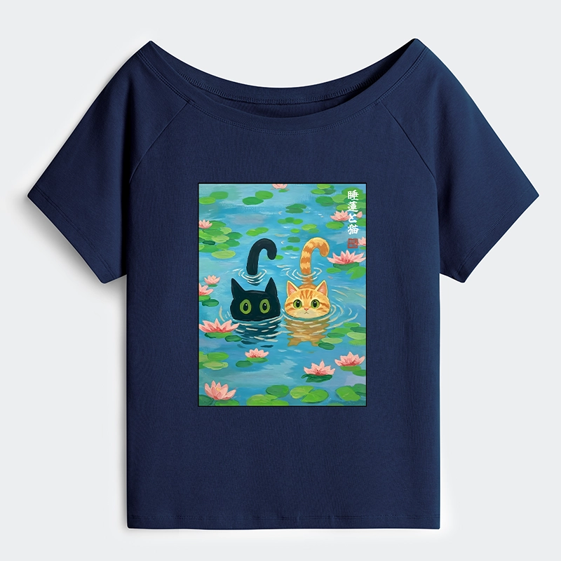Tokyo-Tiger Cats In The Lotus Pond Off Shoulder T-Shirt