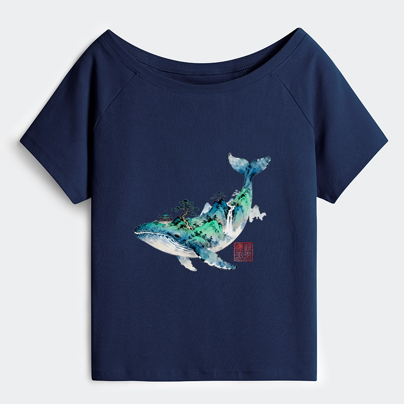 Tokyo-Tiger Whale Ink Painting Landscape Off Shoulder T-Shirt