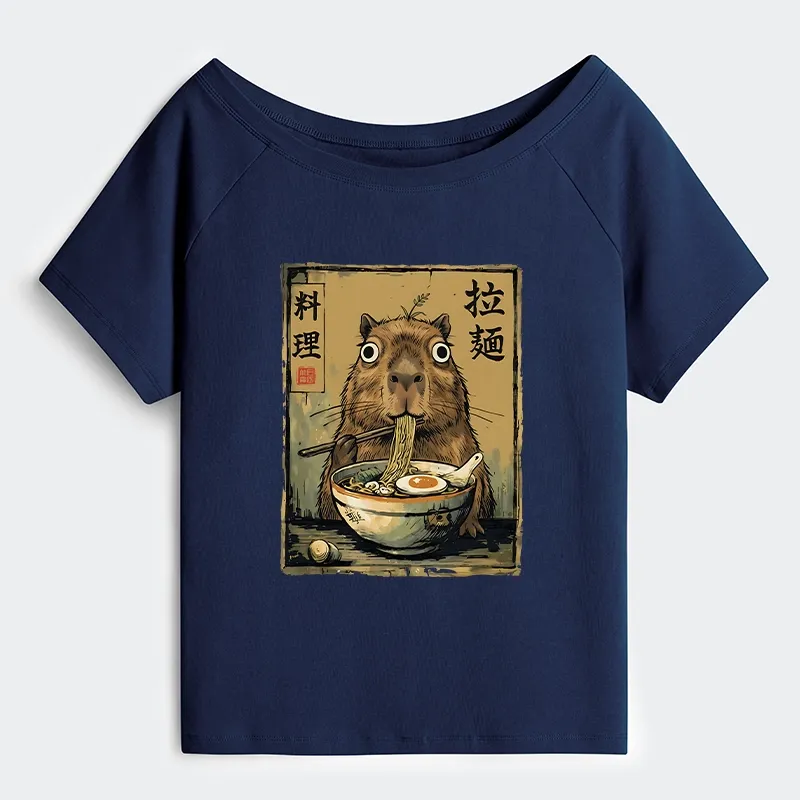 Tokyo-Tiger Cute Capybara Eating Ramen Off Shoulder T-Shirt