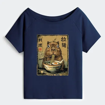 Tokyo-Tiger Cute Capybara Eating Ramen Off Shoulder T-Shirt
