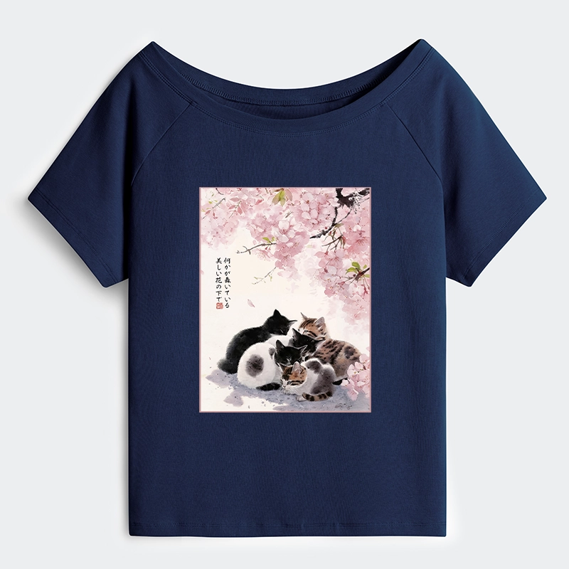 Tokyo-Tiger Cute Cats Sakura Garden Off Shoulder T-Shirt