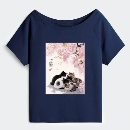 Tokyo-Tiger Cute Cats Sakura Garden Off Shoulder T-Shirt