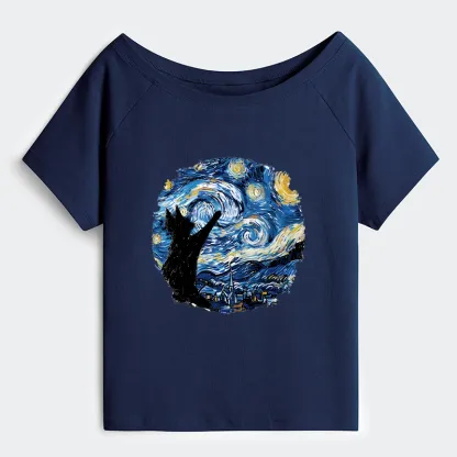 Tokyo-Tiger Starry Night Black Cat Off Shoulder T-Shirt