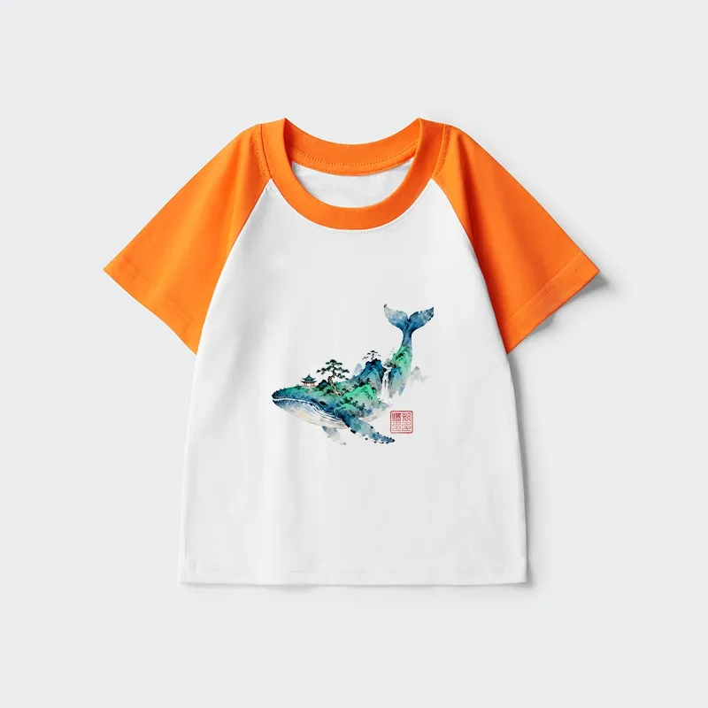 Tokyo-Tiger Whale Ink Painting Landscape Kids Raglan T-shirt