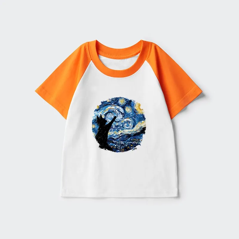 Tokyo-Tiger Starry Night Black Cat Kids Raglan T-shirt