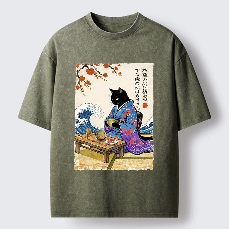Tokyo-Tiger Black Cat Tea Ceremony Japan Washed T-Shirt