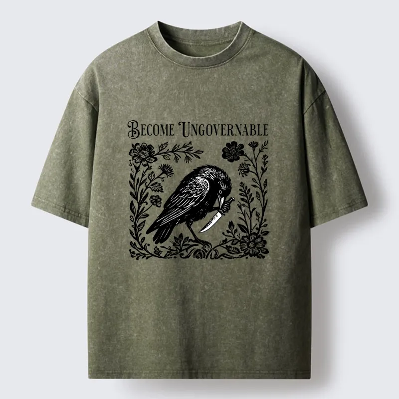 Tokyo-Tiger Crow With Knife Floral Print Washed T-Shirt