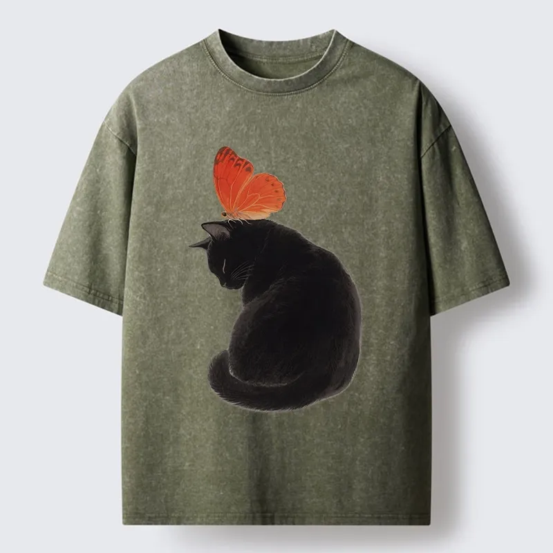 Tokyo-Tiger Black Cat With Orange Butterfly Washed T-Shirt